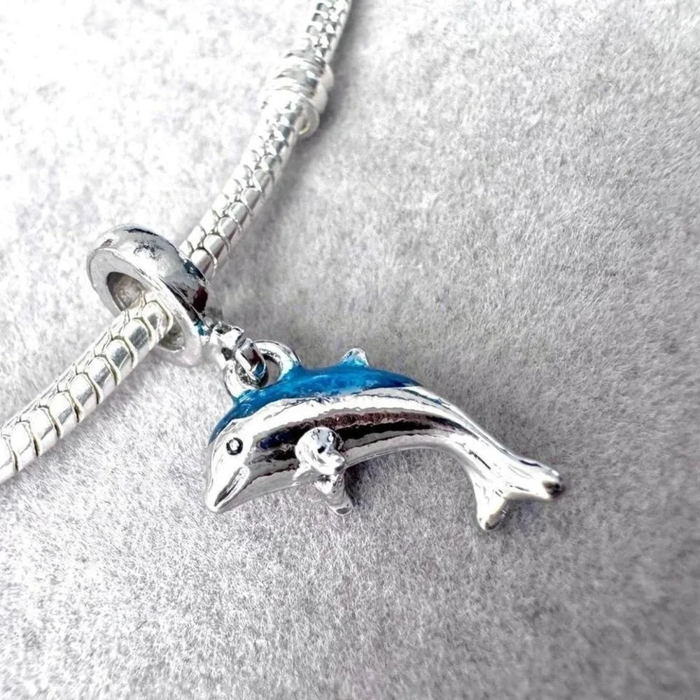 Dolphin Charm Bead Silver Tone Blue Enamel For Pandora Style Bracelets